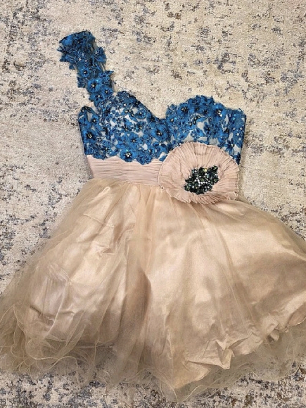Turquoise & Champagne One Shoulder Lace Tulle Prom Dress Size 6